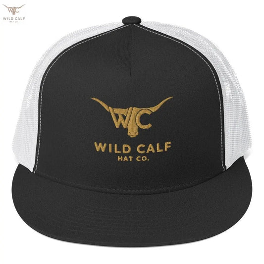 Black and white western trucker cap with gold bull logo and mesh back, front view