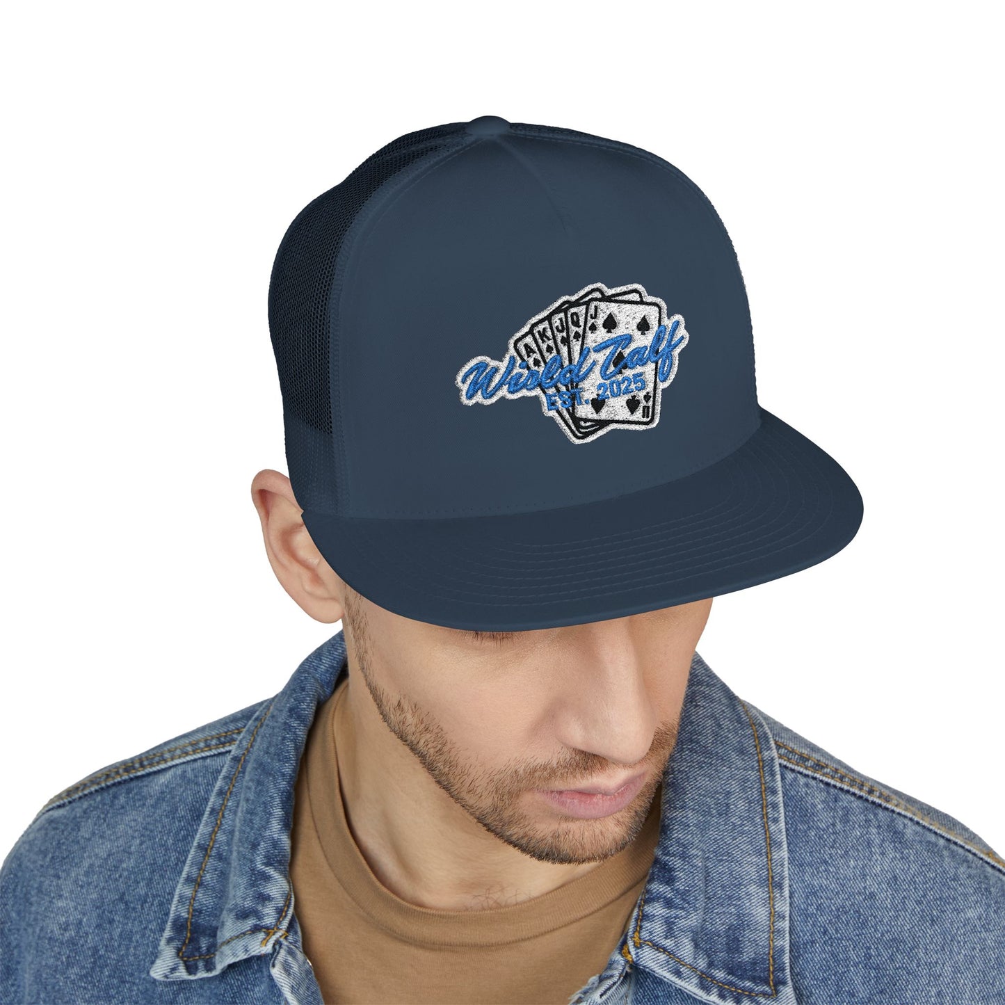 Trucker Cap – Retro Blue Poker Card Patch Design - Wild Calf Hat Company