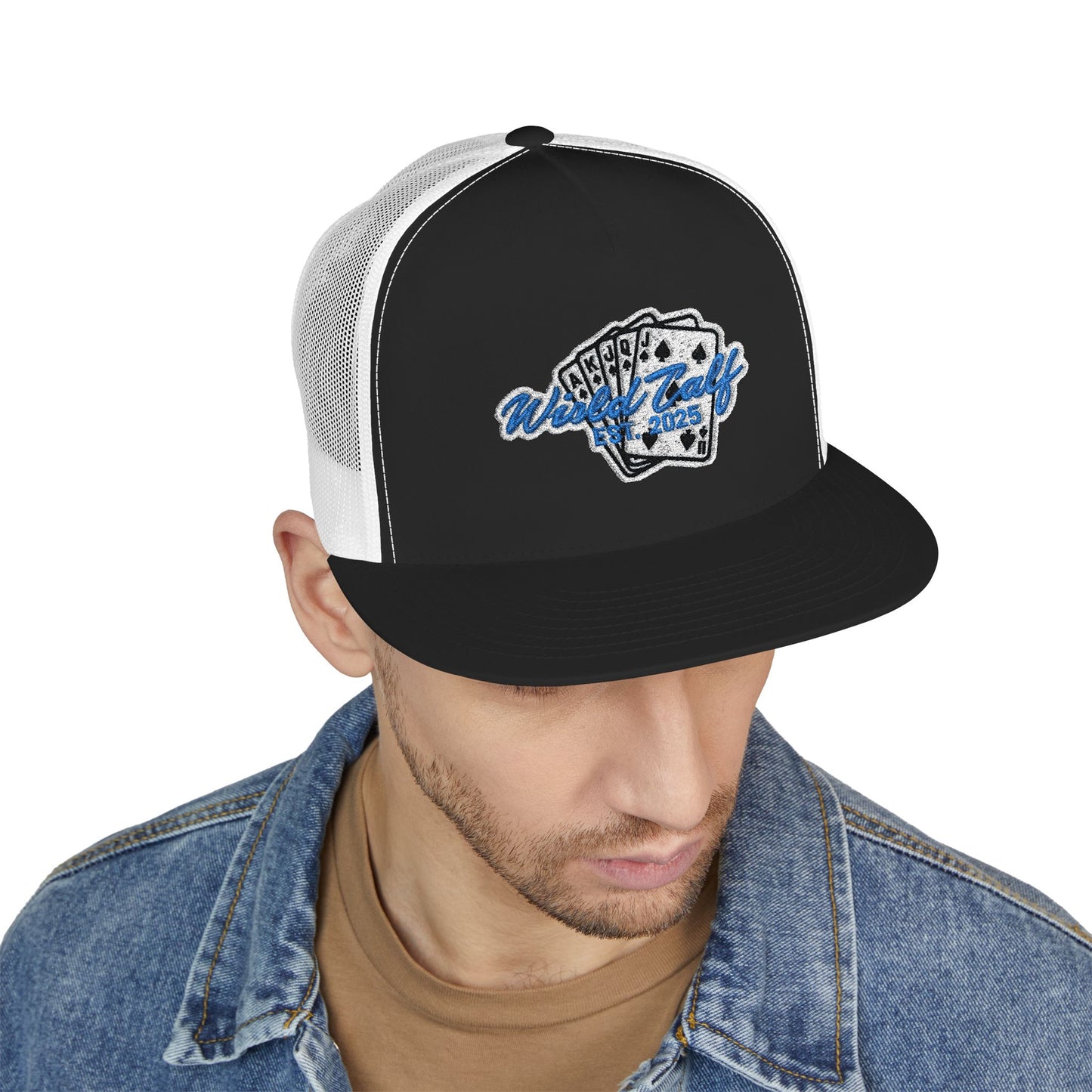 Trucker Cap – Retro Blue Poker Card Patch Design - Wild Calf Hat Company