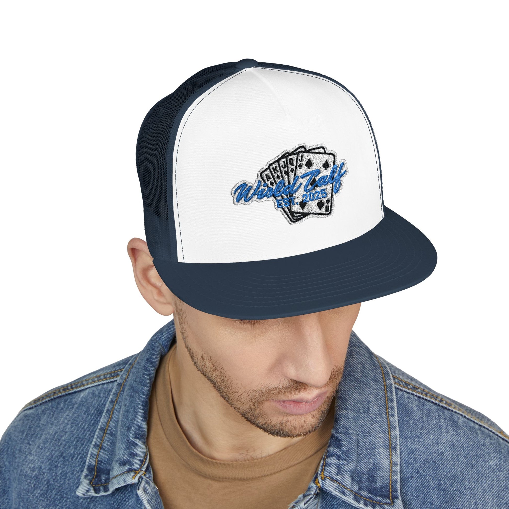Trucker Cap – Retro Blue Poker Card Patch Design - Wild Calf Hat Company