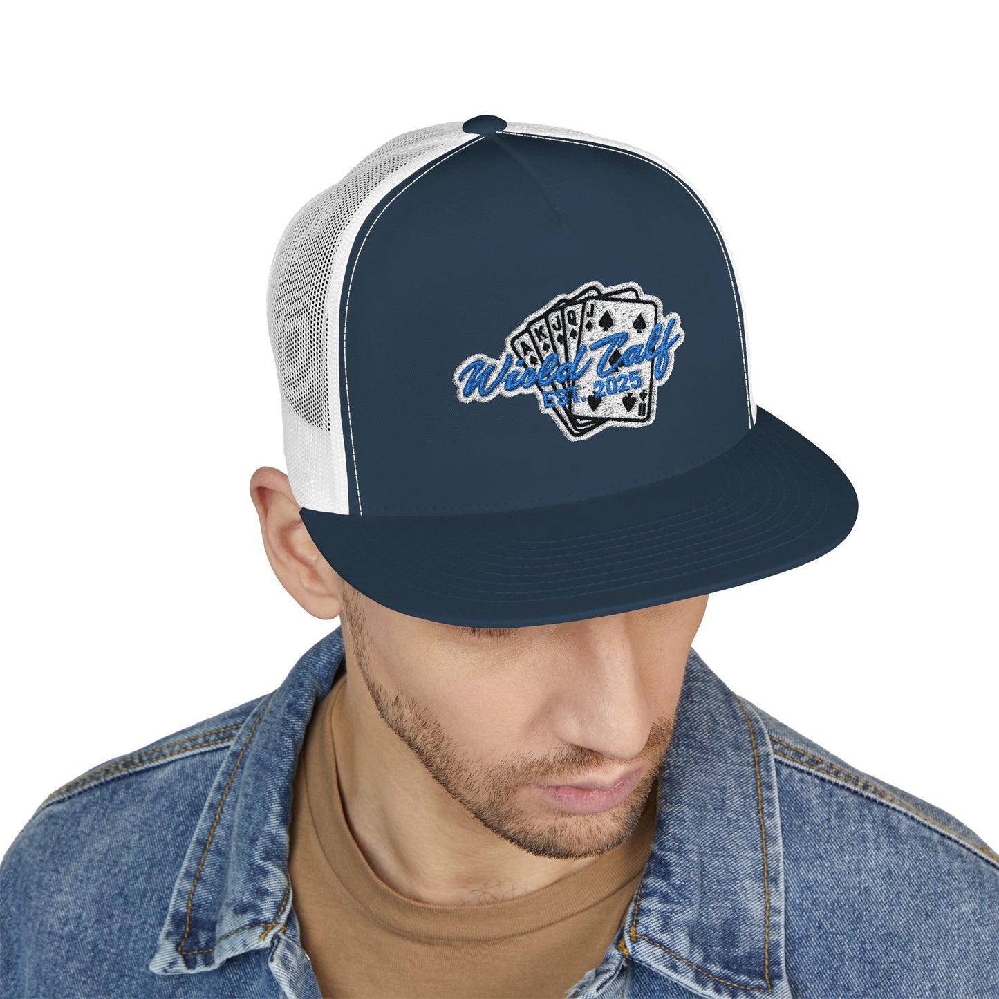 Trucker Cap – Retro Blue Poker Card Patch Design - Wild Calf Hat Company