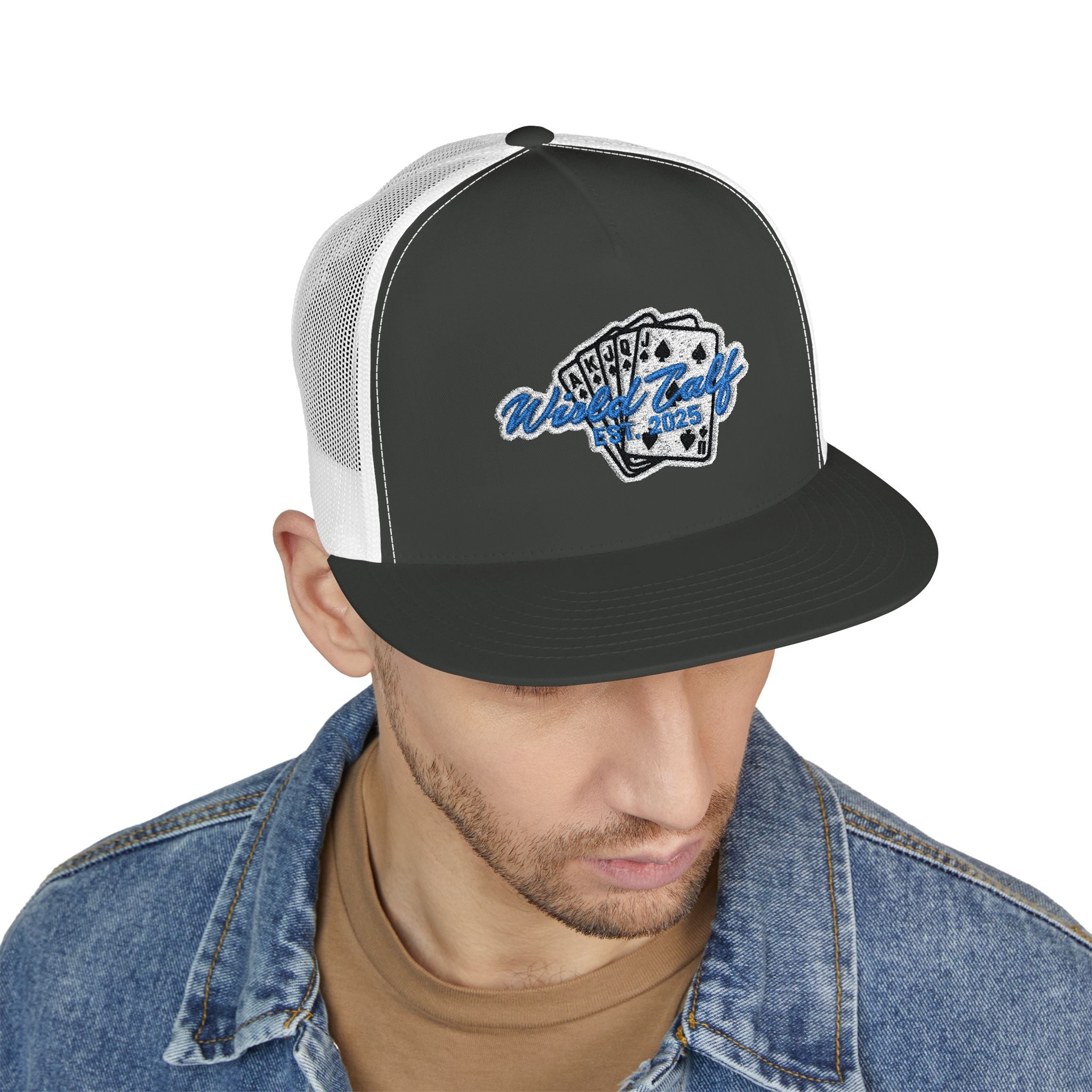 Trucker Cap – Retro Blue Poker Card Patch Design - Wild Calf Hat Company