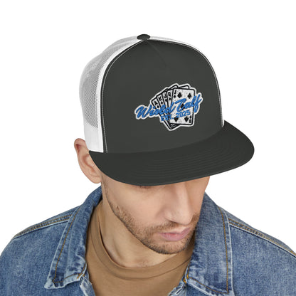 Trucker Cap – Retro Blue Poker Card Patch Design - Wild Calf Hat Company