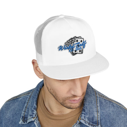 Trucker Cap – Retro Blue Poker Card Patch Design - Wild Calf Hat Company