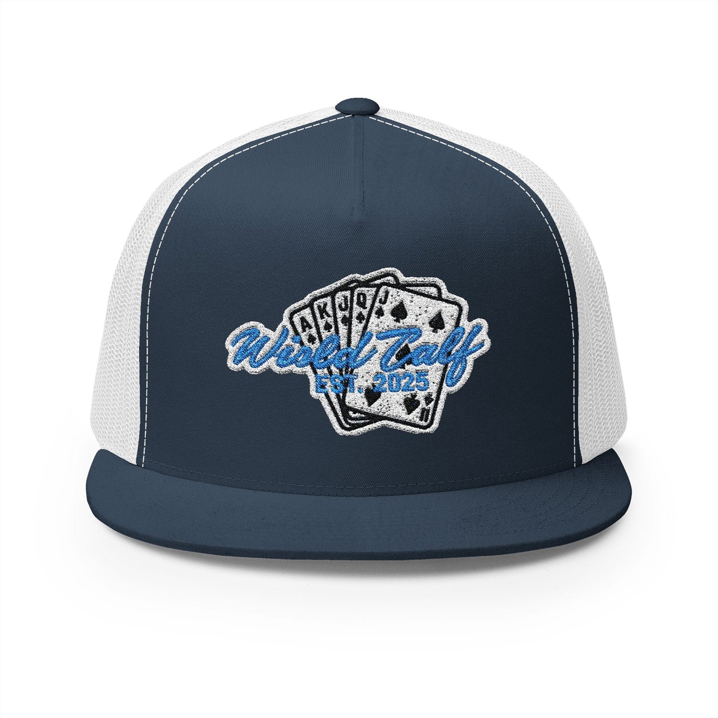Trucker Cap – Retro Blue Poker Card Patch Design - Wild Calf Hat Company