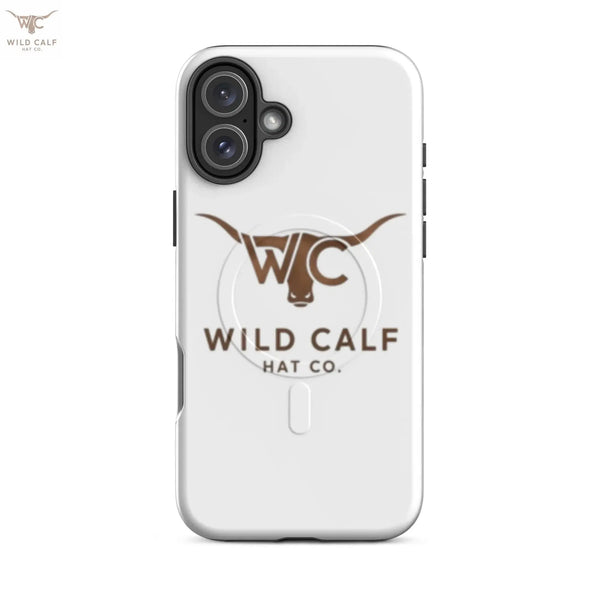 Western-style white iPhone 16 Plus MagSafe case with brown longhorn logo, professional look