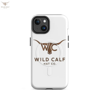 White iPhone case with brown longhorn logo and Western-style Wild Calf Hat Co. text, matte finish