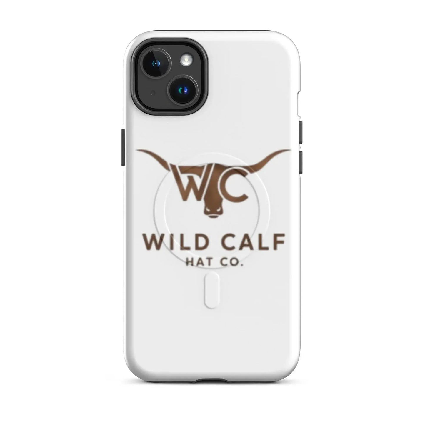 Western style MagSafe tough iPhone 14 Plus case with brown longhorn logo on matte white background