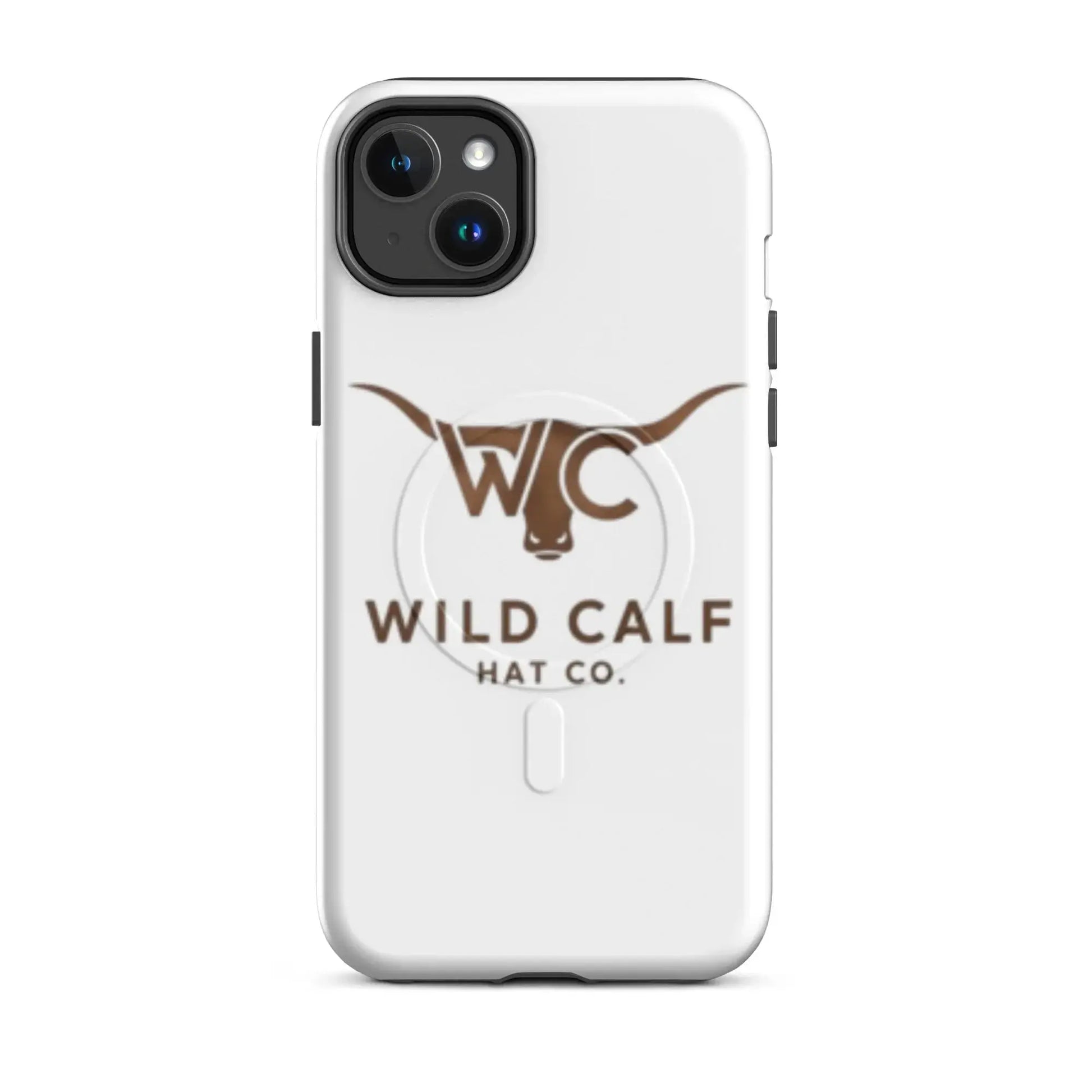 Western style MagSafe tough iPhone 14 Plus case with brown longhorn logo on matte white background