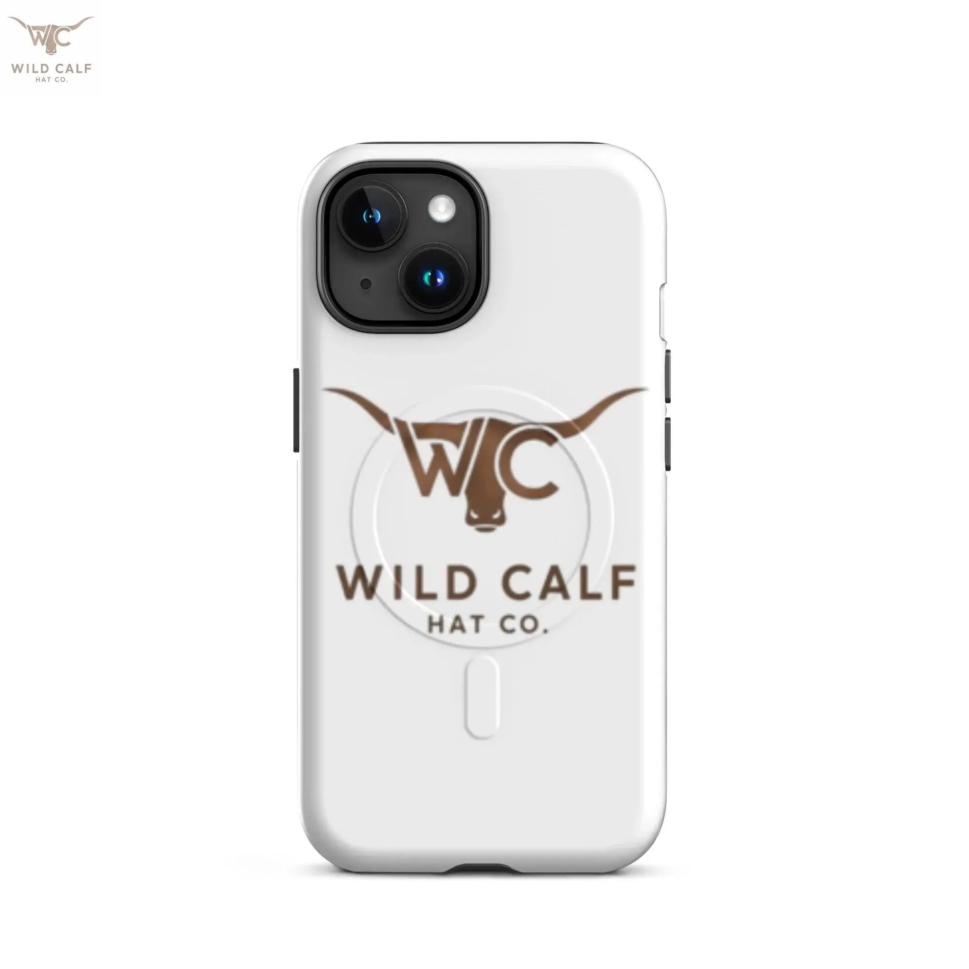 Matte white MagSafe iPhone 15 case with western bull logo and WC lettering, professional look
