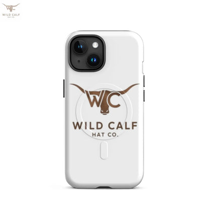 Matte white MagSafe iPhone 15 case with western bull logo and WC lettering, professional look