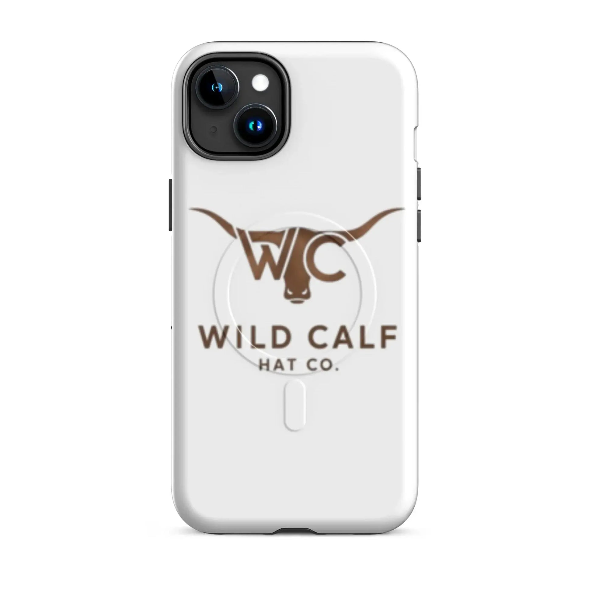 Western-style MagSafe tough iPhone 15 Plus case, white with longhorn logo, professional look