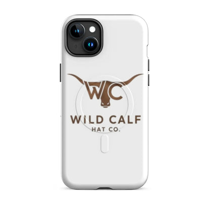 Western-style MagSafe tough iPhone 15 Plus case, white with longhorn logo, professional look