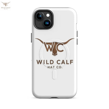 Matte white iPhone 15 Plus case with western bull logo and Wild Calf Hat Co. branding