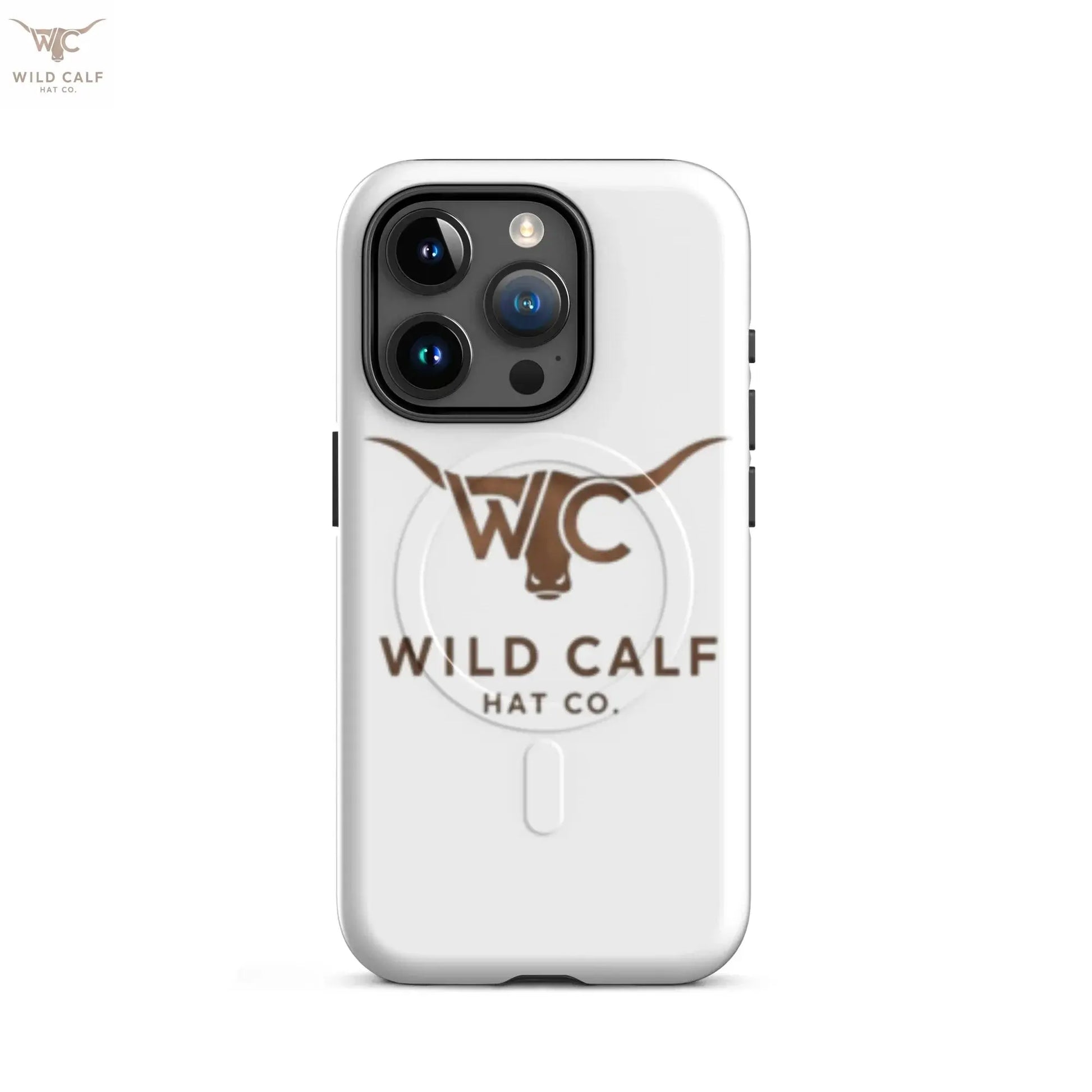 Western-style glossy iPhone 15 Pro case with brown longhorn logo and text on white background