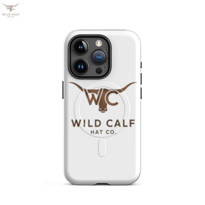 Western-style glossy iPhone 15 Pro case with brown longhorn logo and text on white background