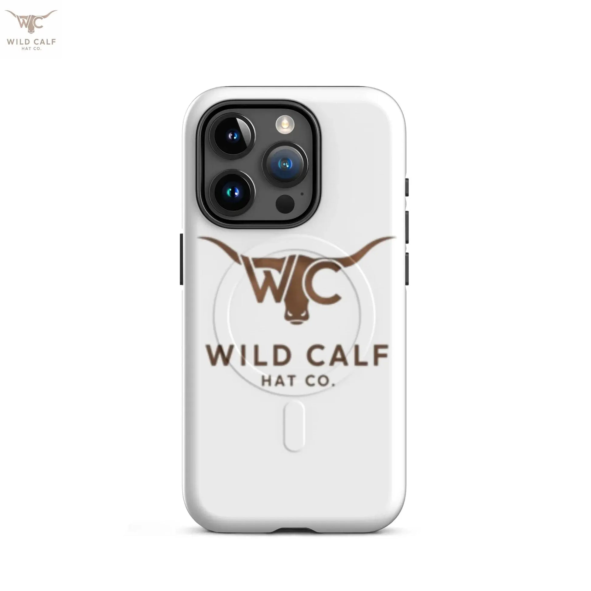 Matte white iPhone 15 Pro MagSafe case with western longhorn logo and bold lettering.
