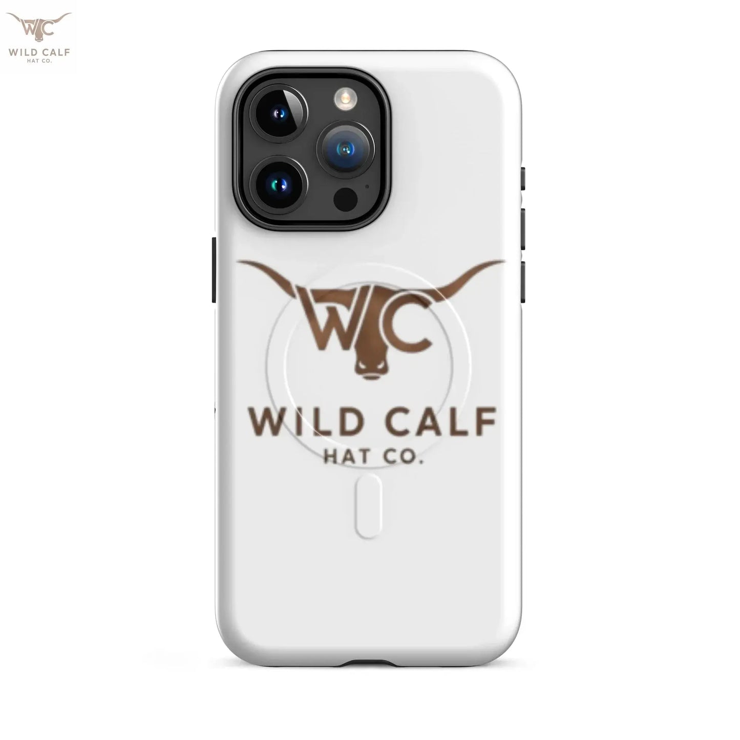 Glossy white MagSafe iPhone 15 Pro Max case with western bull logo and professional design.