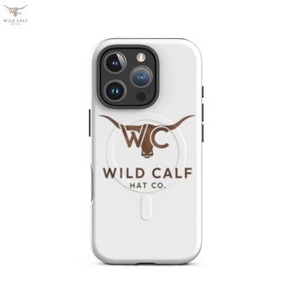 Western-inspired white MagSafe tough iPhone case with bull logo and Wild Calf Hat Co. text