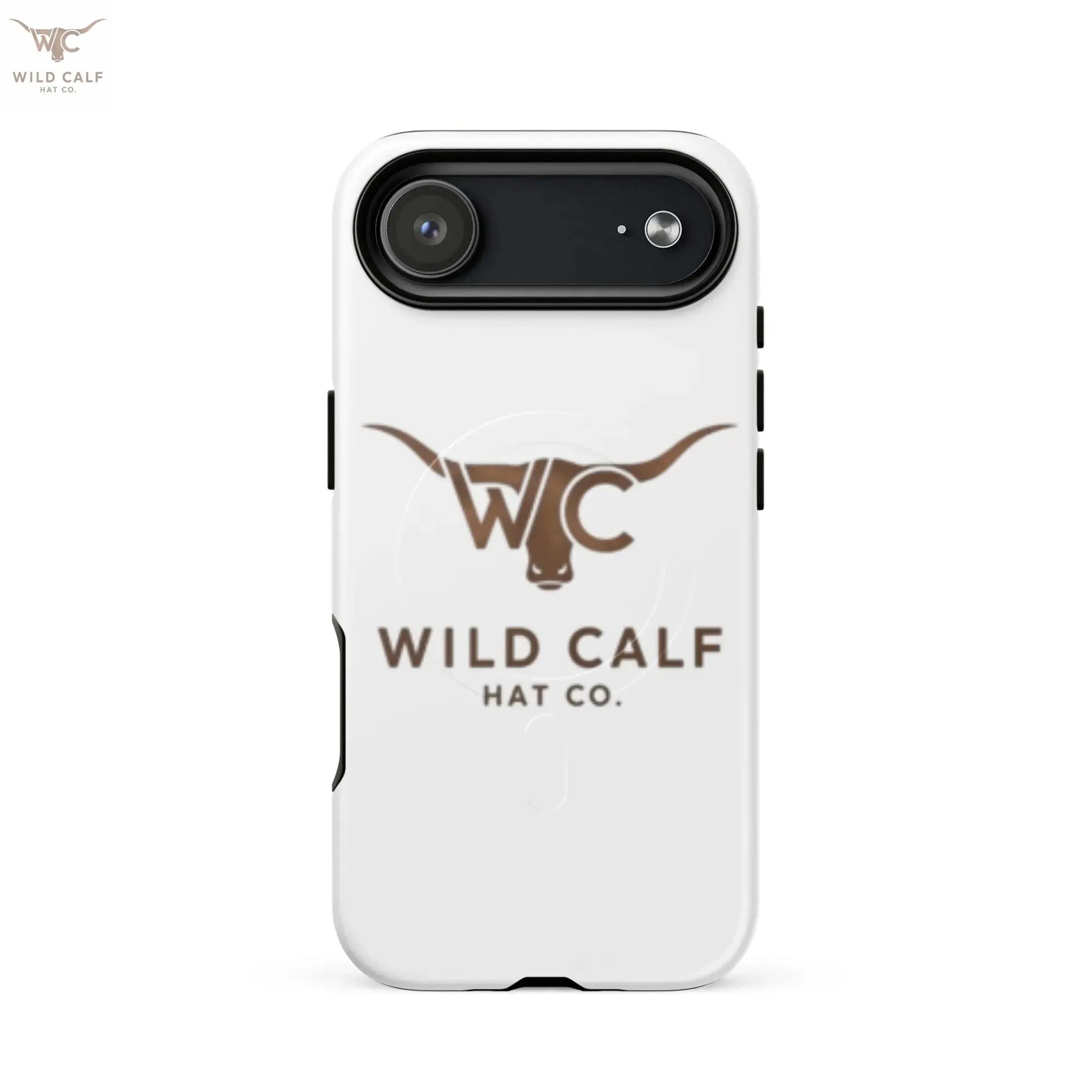 Western style matte iPhone case with bull logo and Wild Calf Hat Co. text, front view