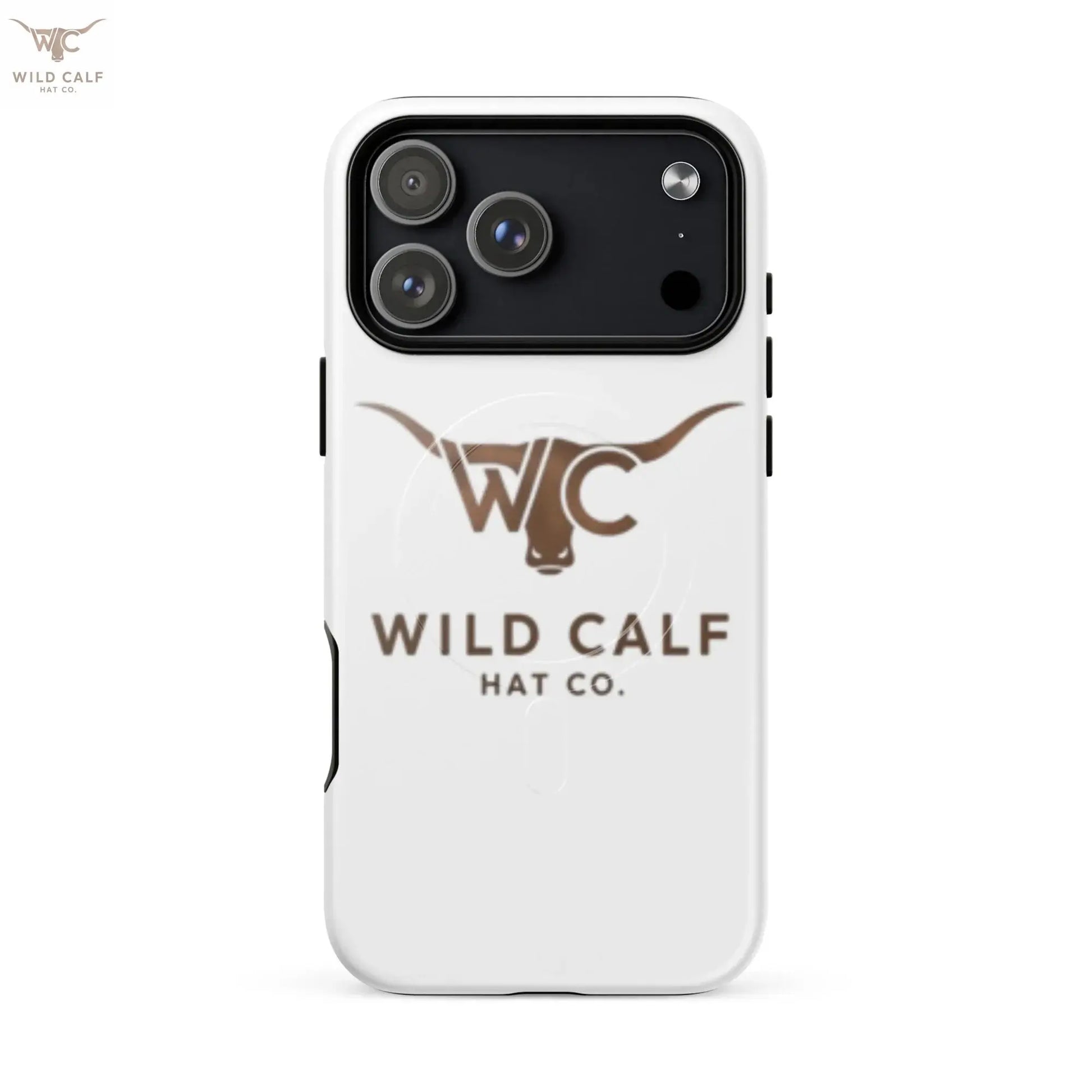 Western-style iPhone 17 Pro Max case with bull logo, white glossy finish, professional look