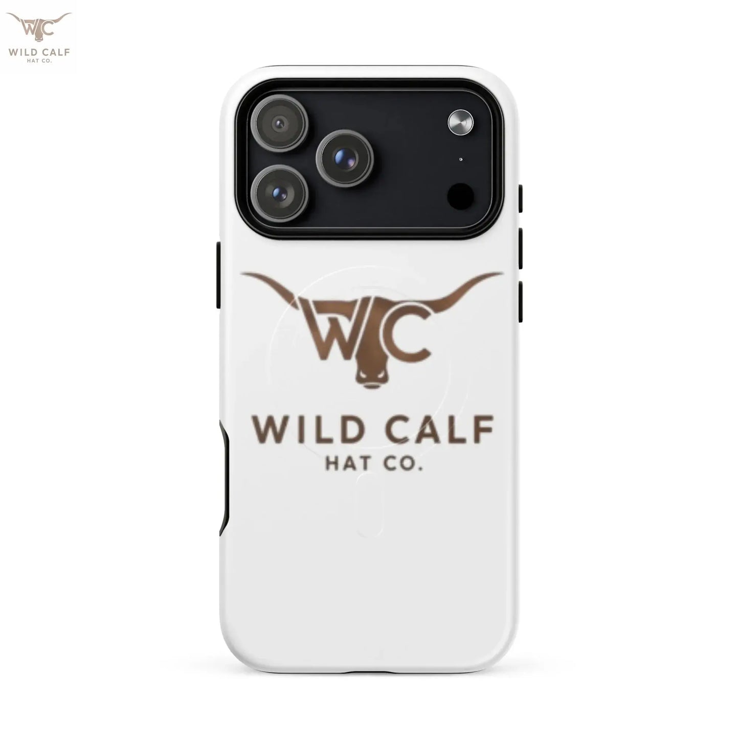 Matte white iPhone 17 Pro Max MagSafe case with brown Western steer logo, professional design.