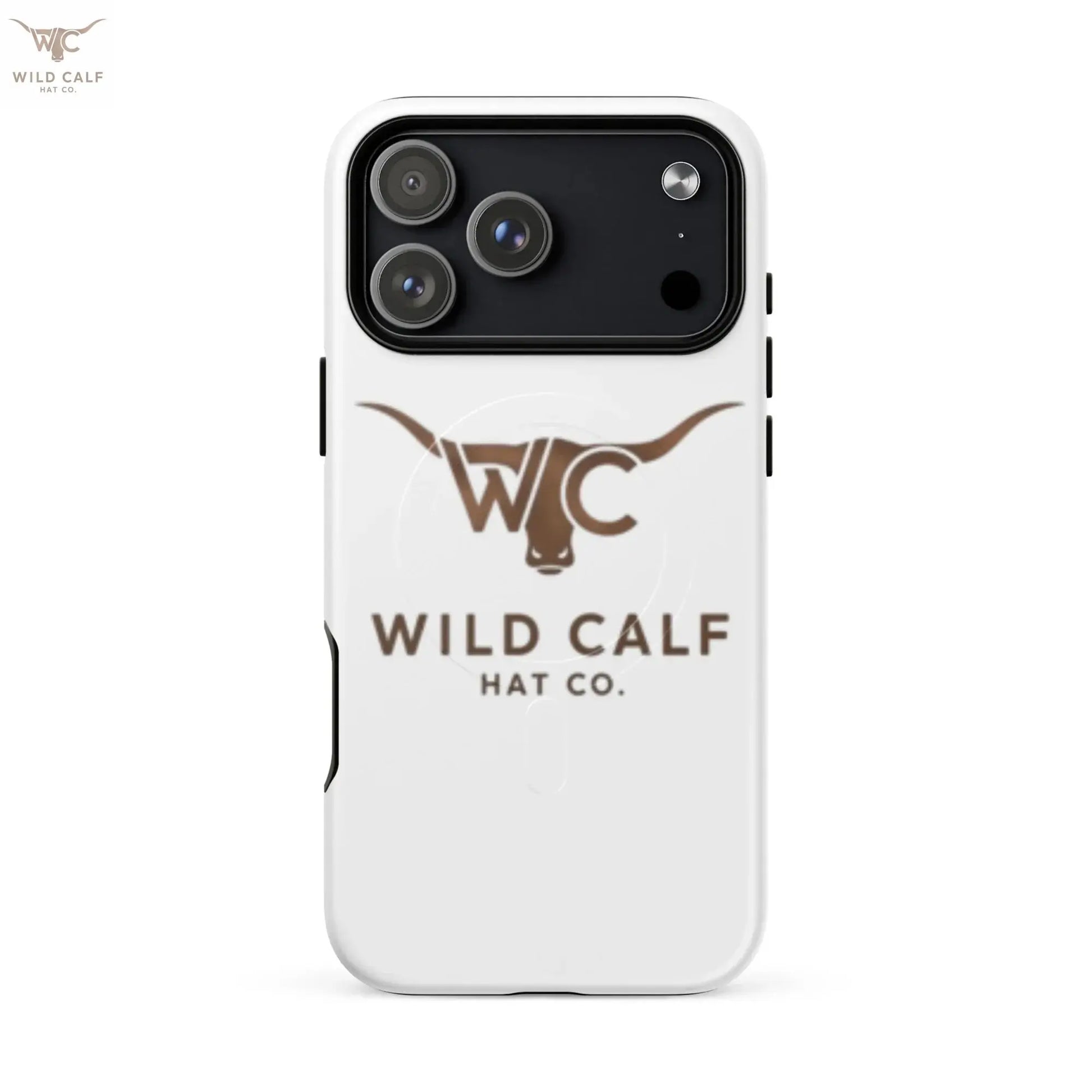 Matte white iPhone 17 Pro Max MagSafe case with brown Western steer logo, professional design.