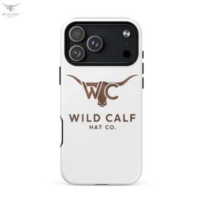 Matte white iPhone 17 Pro Max MagSafe case with brown Western steer logo, professional design.