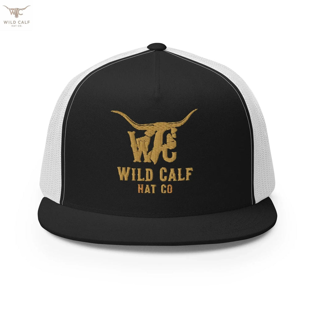 Black and white 5-panel trucker cap with western-style longhorn logo and gold embroidery