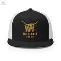 Black and white 5-panel trucker cap with western-style longhorn logo and gold embroidery