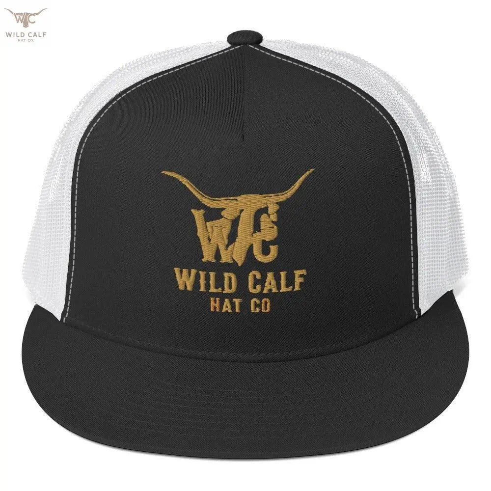 Western black and white trucker cap with gold bull logo and mesh back, professional style