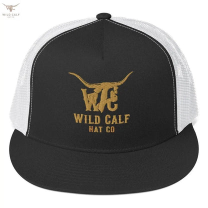 Western black and white trucker cap with gold bull logo and mesh back, professional style