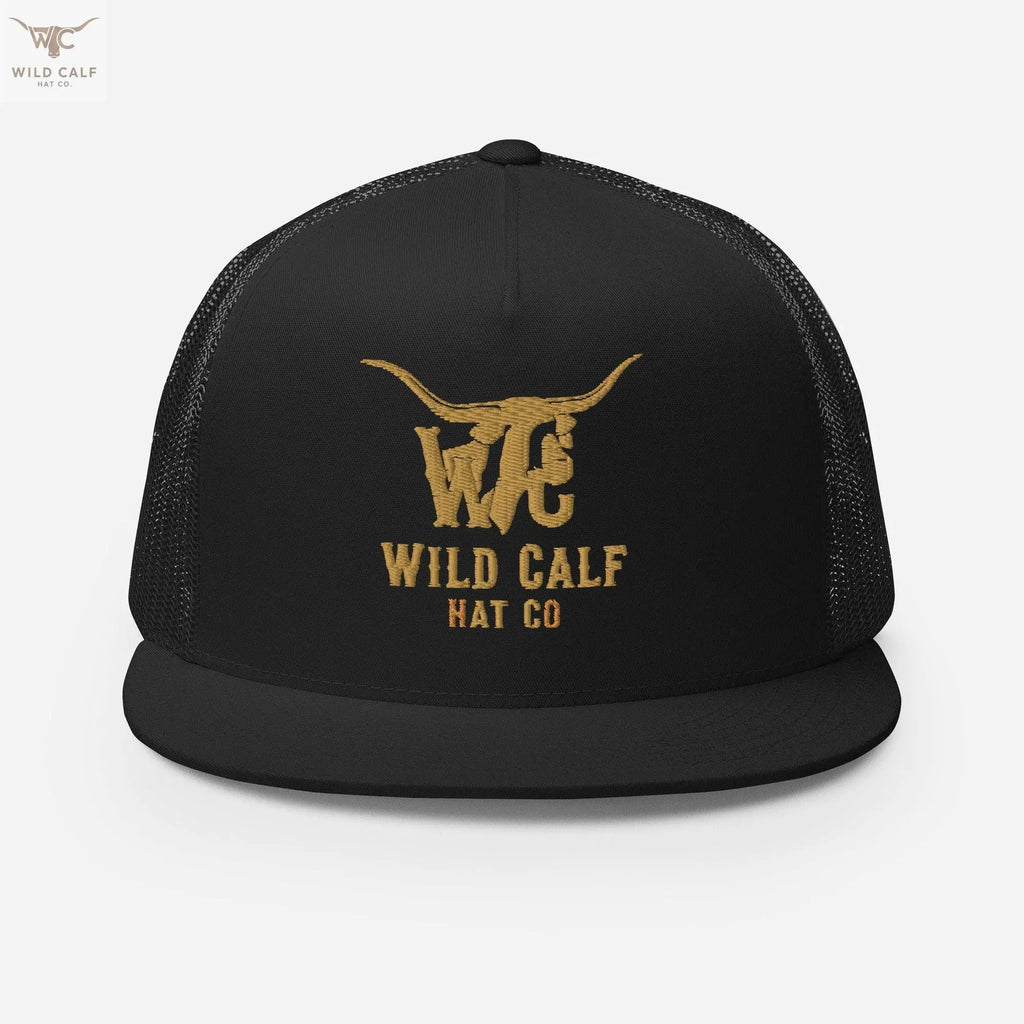 Black 5-panel trucker cap with gold longhorn logo and bold western embroidered text