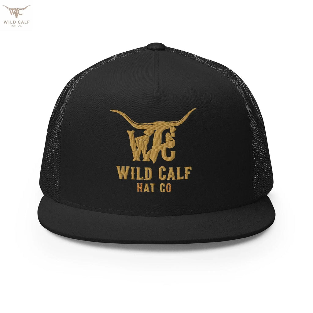 Black western 5-panel trucker cap with gold embroidered steer head and bold text, front view