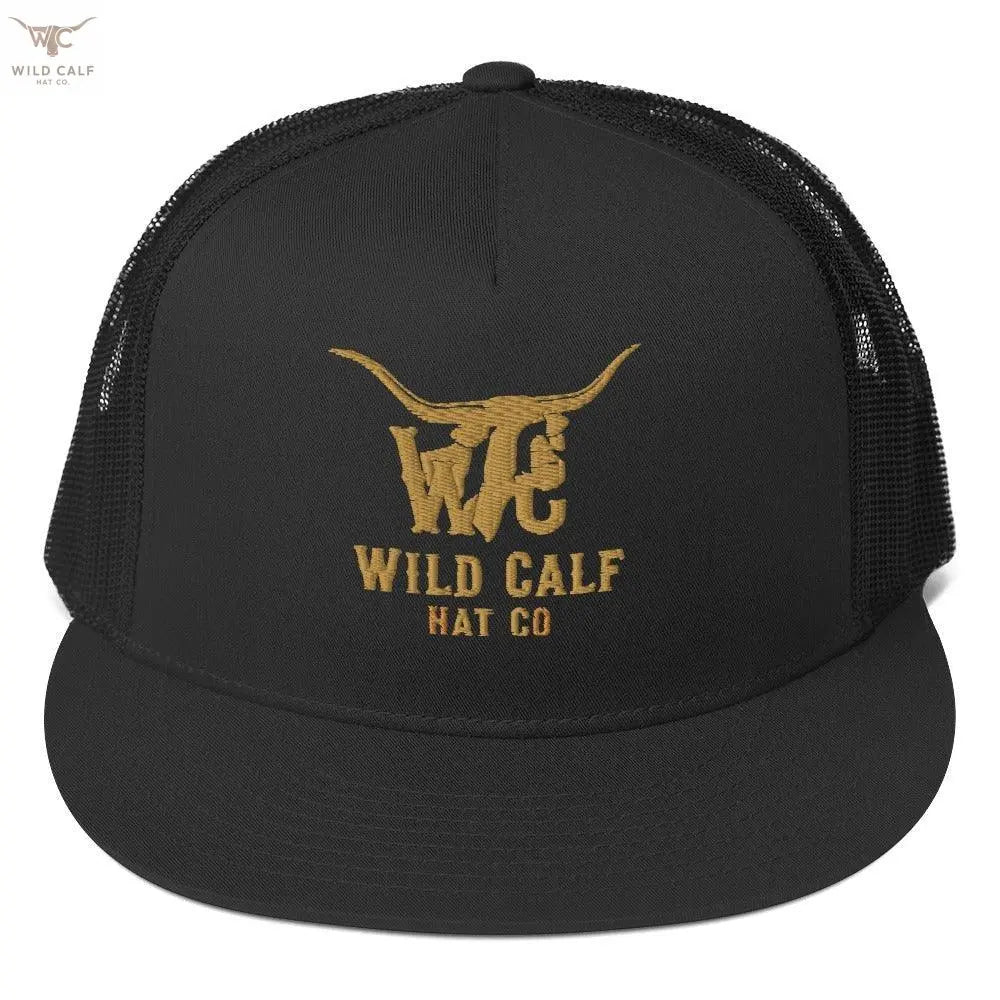 Black 5-panel trucker cap with gold embroidered longhorn and Western logo, professional style
