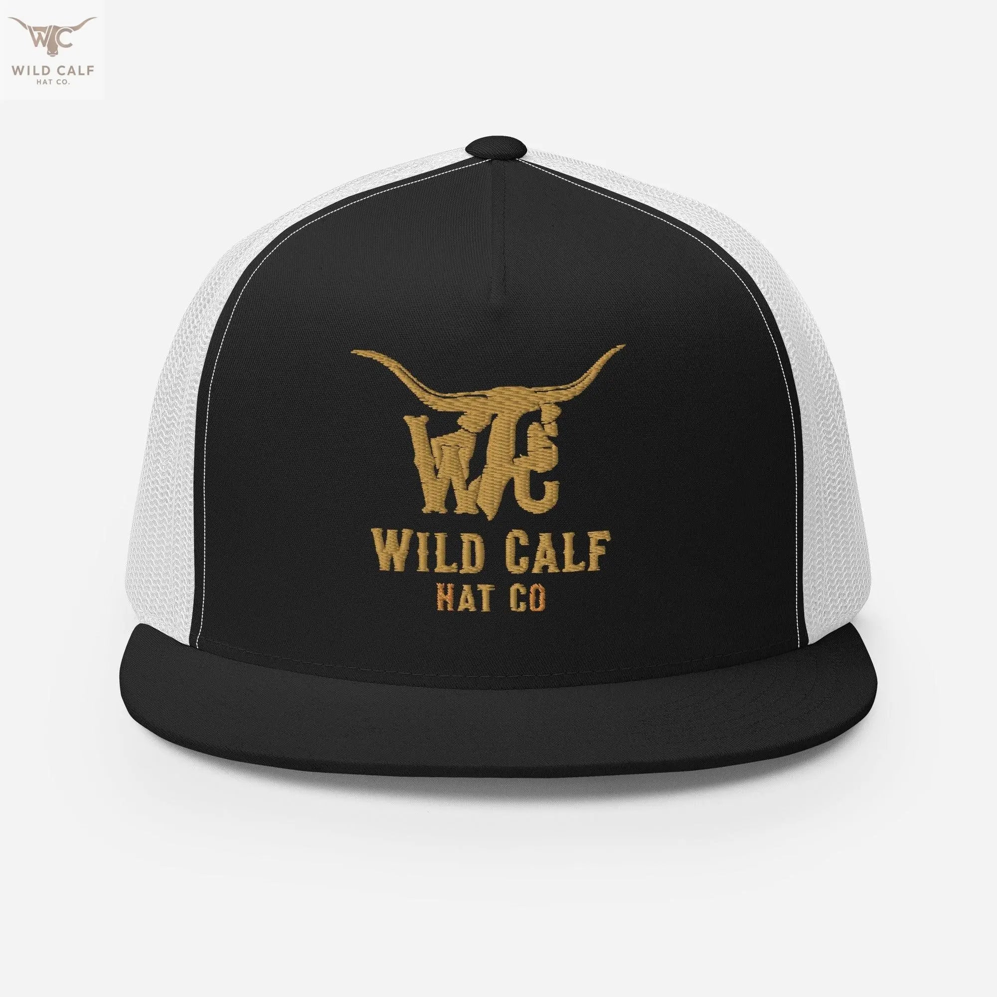 Western style black and white trucker cap with gold embroidered steer head logo, front view