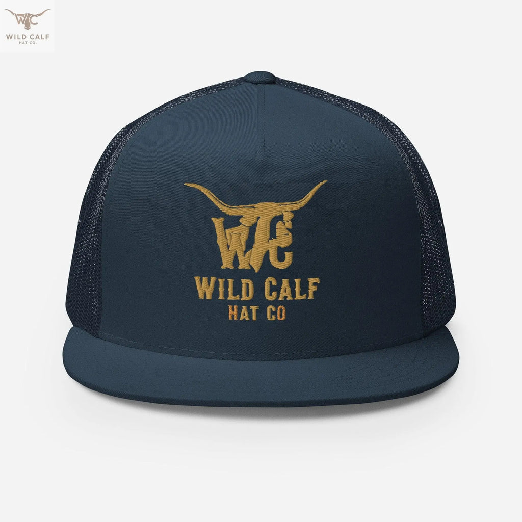 Navy five-panel trucker cap with tan embroidered longhorn design, western professional style
