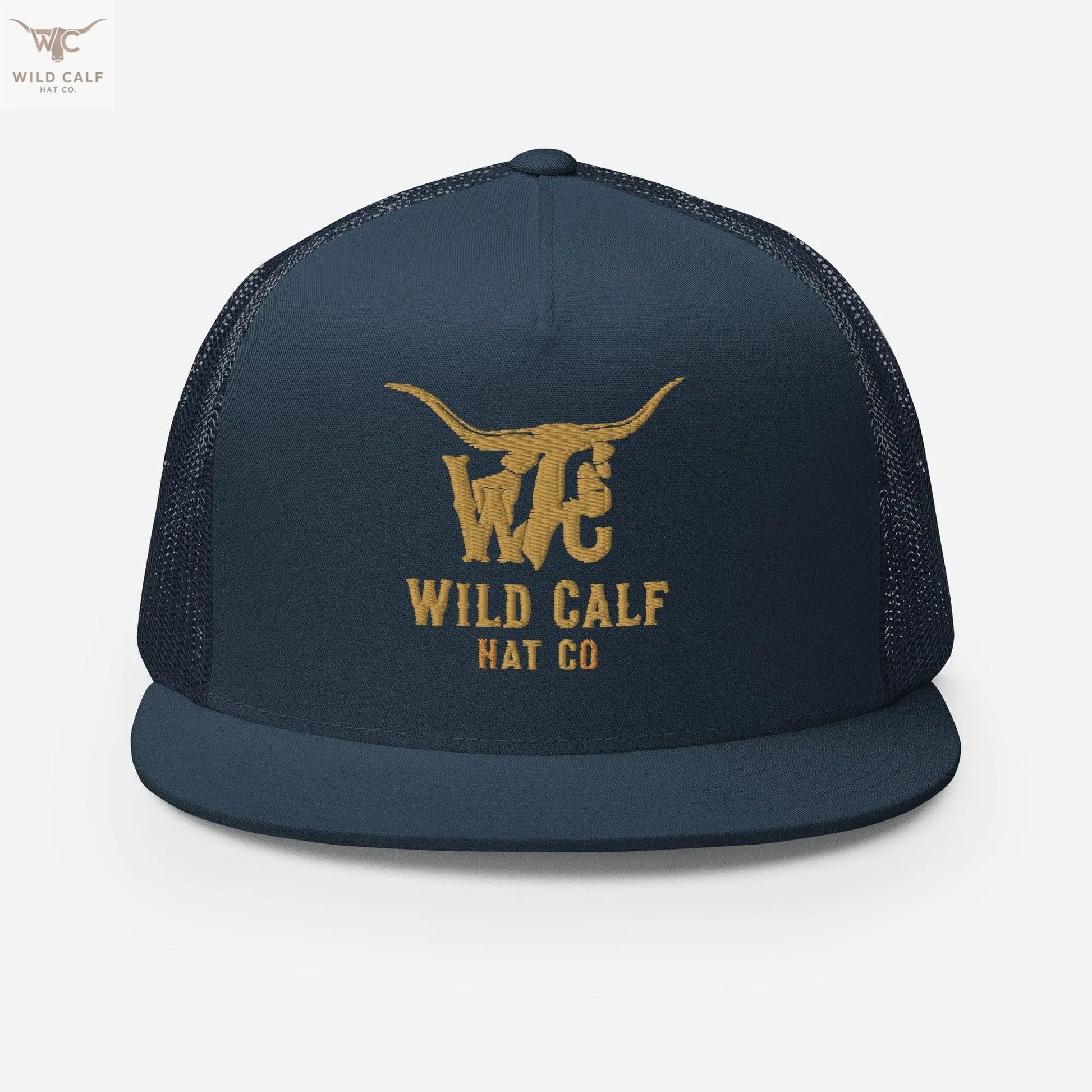 Navy five-panel trucker cap with tan embroidered longhorn design, western professional style