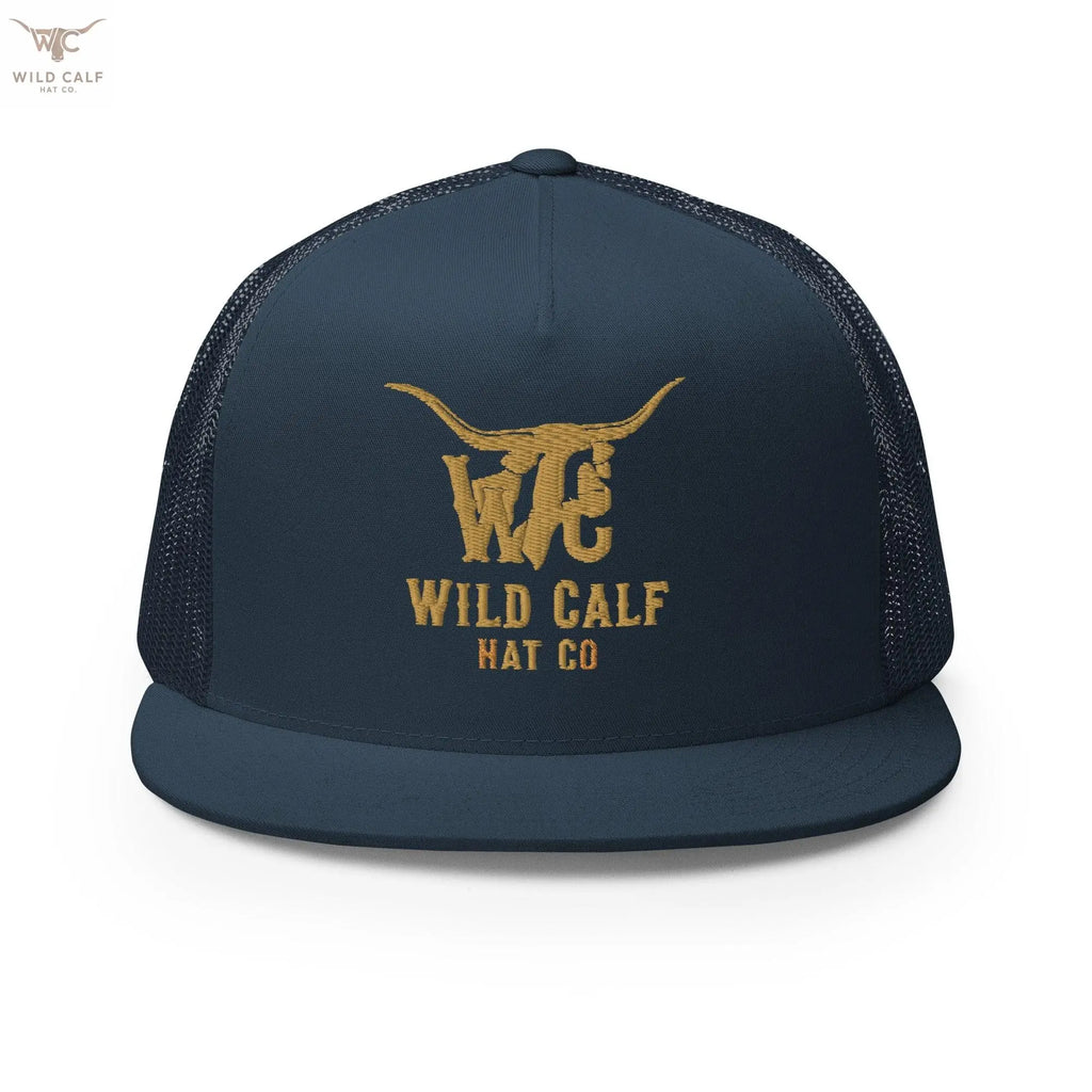 Navy 5-panel trucker cap with gold embroidered longhorn logo, western professional style