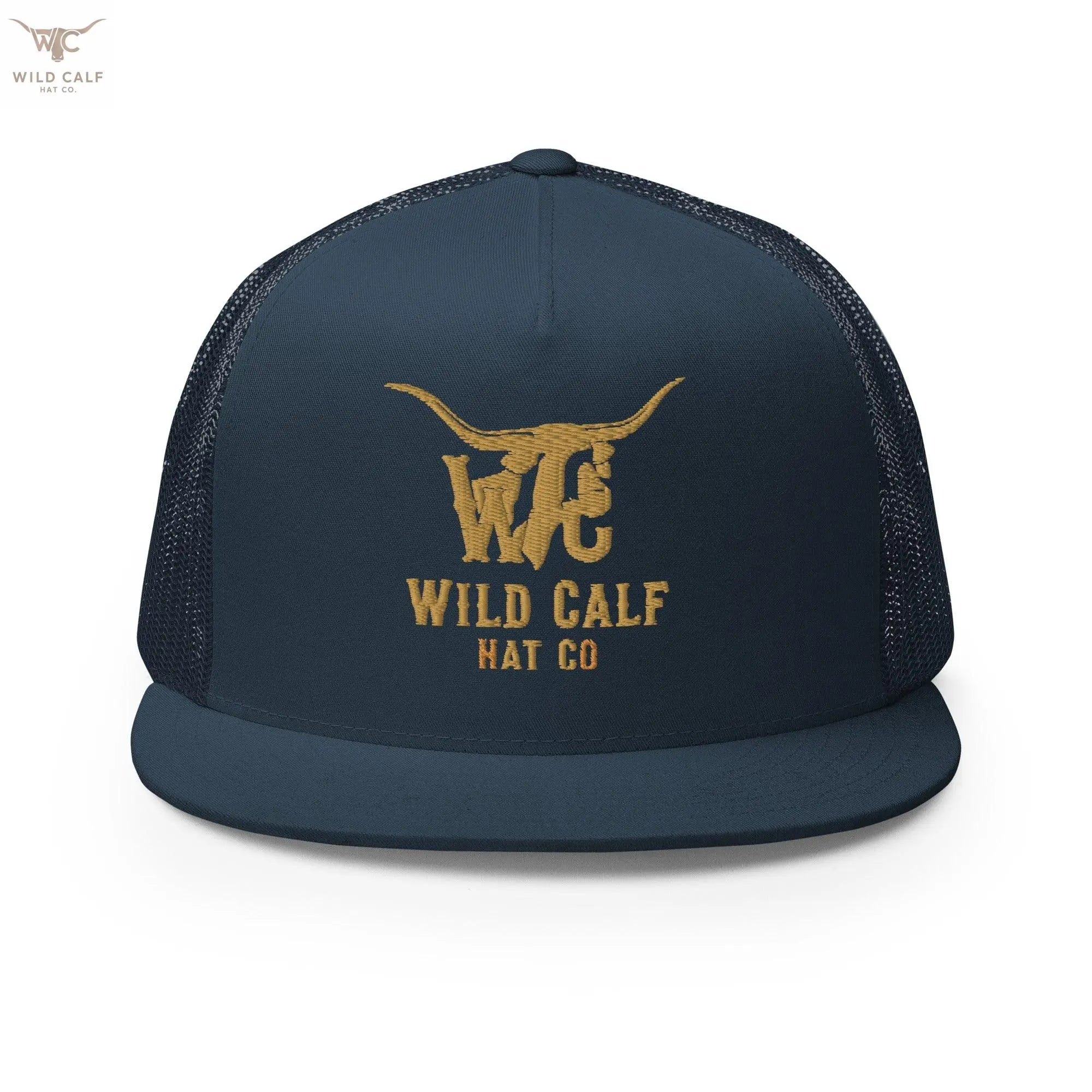 Navy 5-panel trucker cap with gold embroidered longhorn logo, western professional style