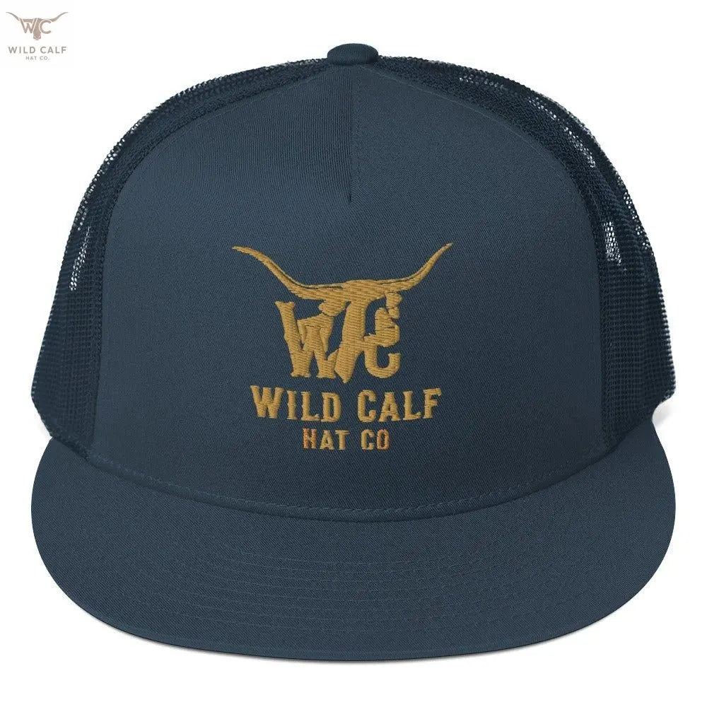 Navy 5-panel trucker cap with gold embroidered longhorn and western lettering on front