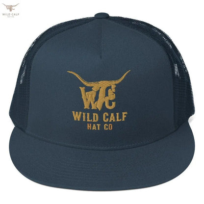 Navy 5-panel trucker cap with gold embroidered longhorn and western lettering on front