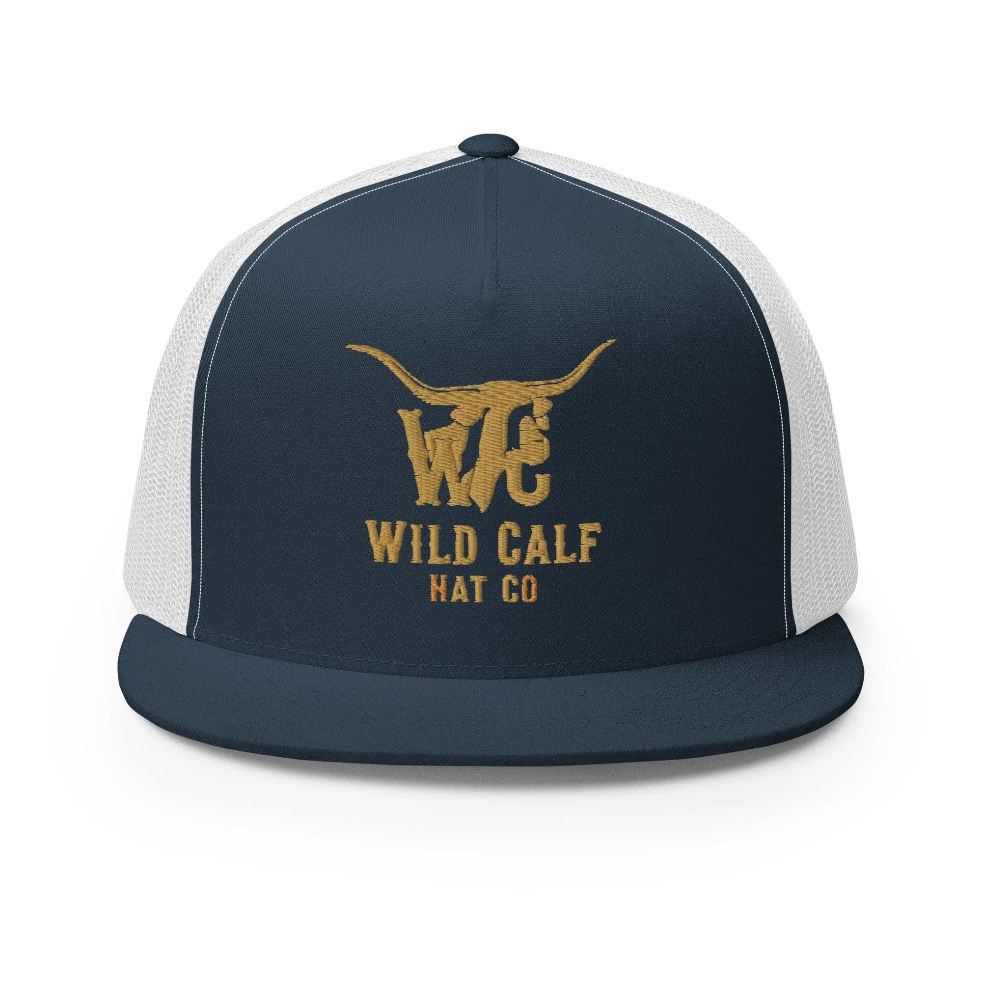 Navy and white five-panel trucker hat with gold western embroidery and mesh back