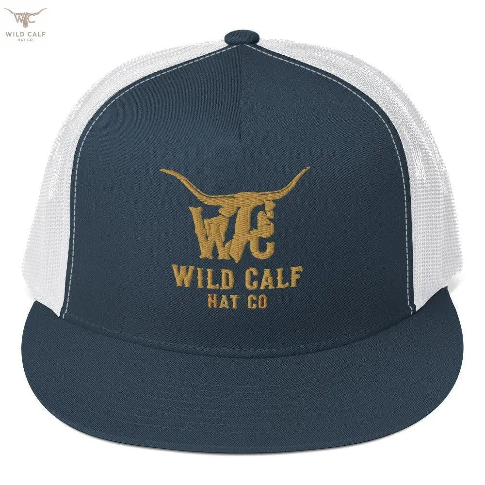 Western-style navy and white trucker cap with gold embroidered steer logo and mesh back