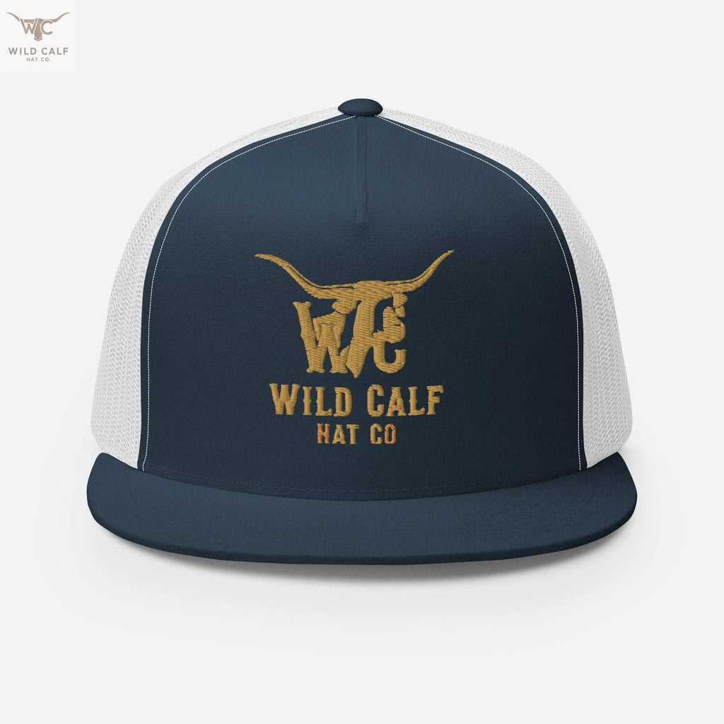 Navy and white 5-panel trucker cap with embroidered gold longhorn logo and text, western style