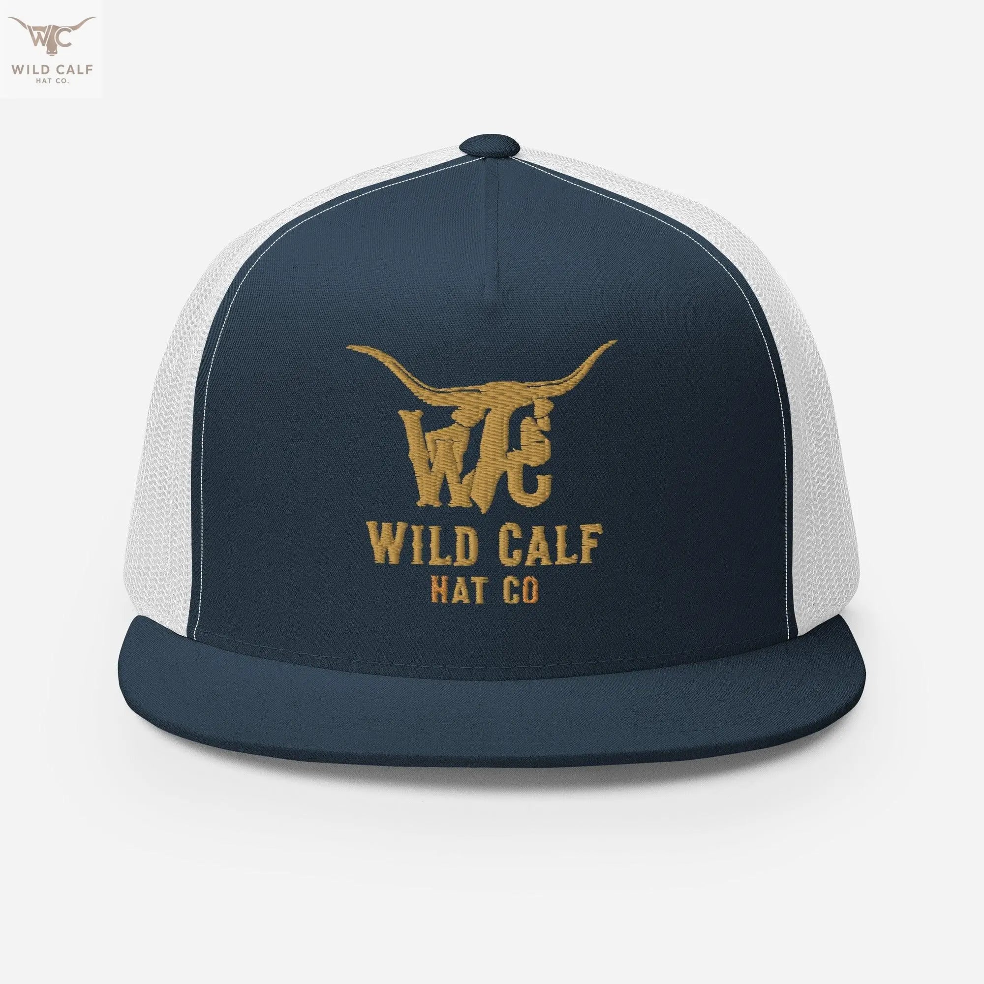 Navy and white 5-panel trucker cap with embroidered gold longhorn logo and text, western style