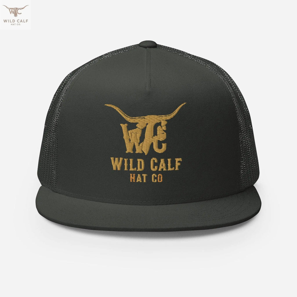 Charcoal 5-panel trucker cap with gold embroidered Western longhorn logo and mesh back