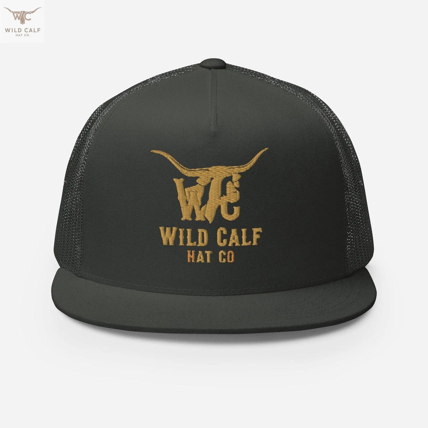 Charcoal 5-panel trucker cap with gold embroidered Western longhorn logo and mesh back
