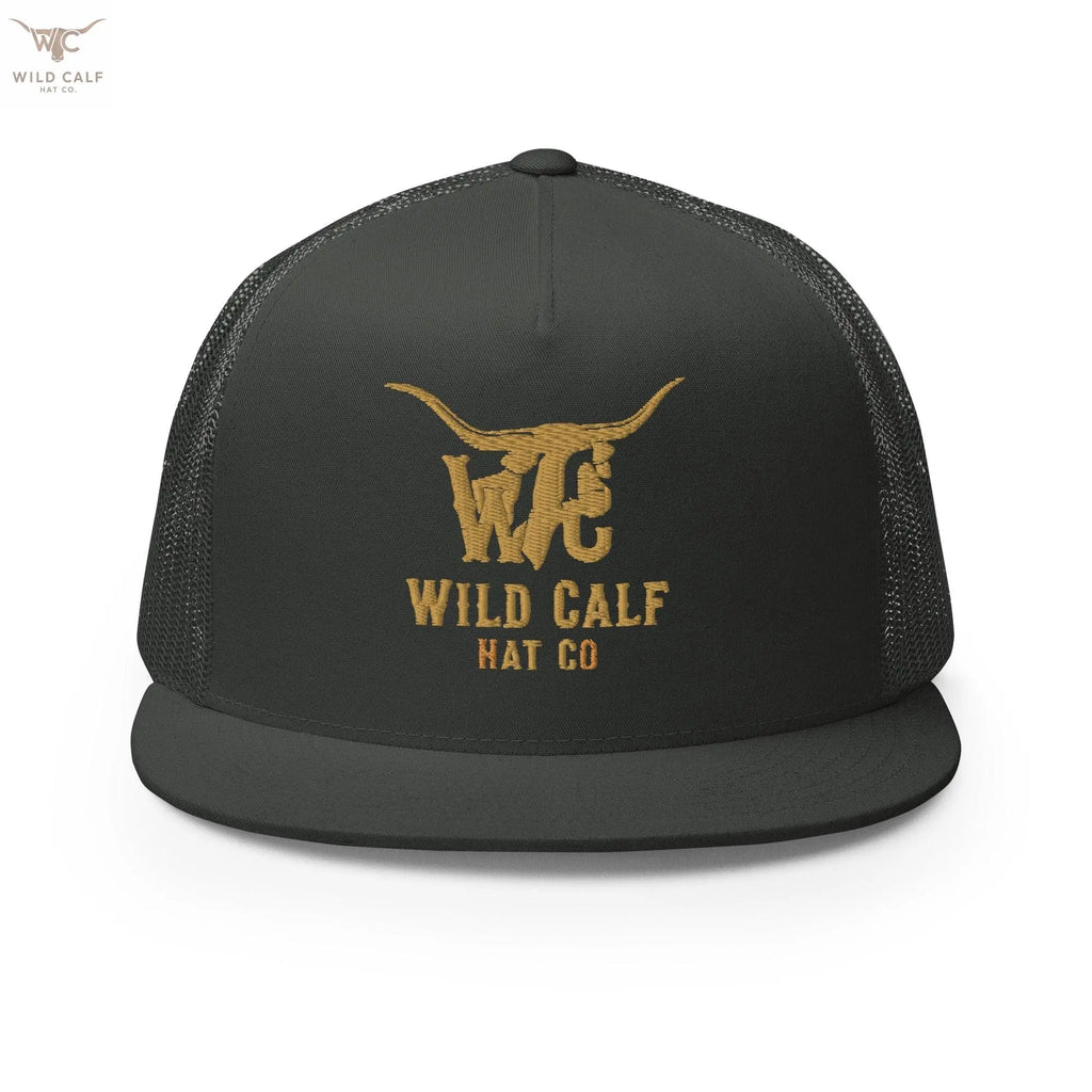 Charcoal 5 panel trucker cap with gold longhorn logo and mesh back, western professional style