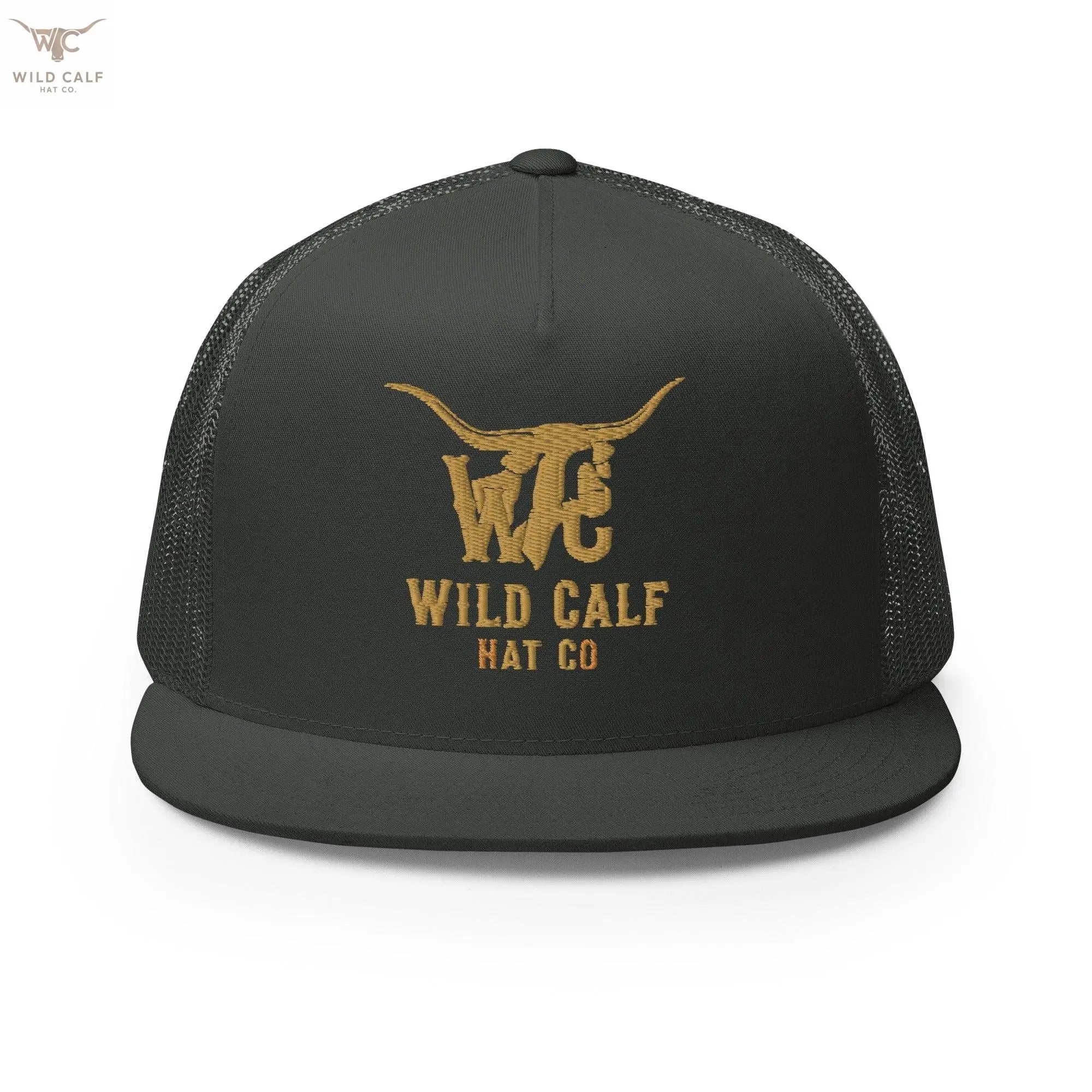 Charcoal 5 panel trucker cap with gold longhorn logo and mesh back, western professional style